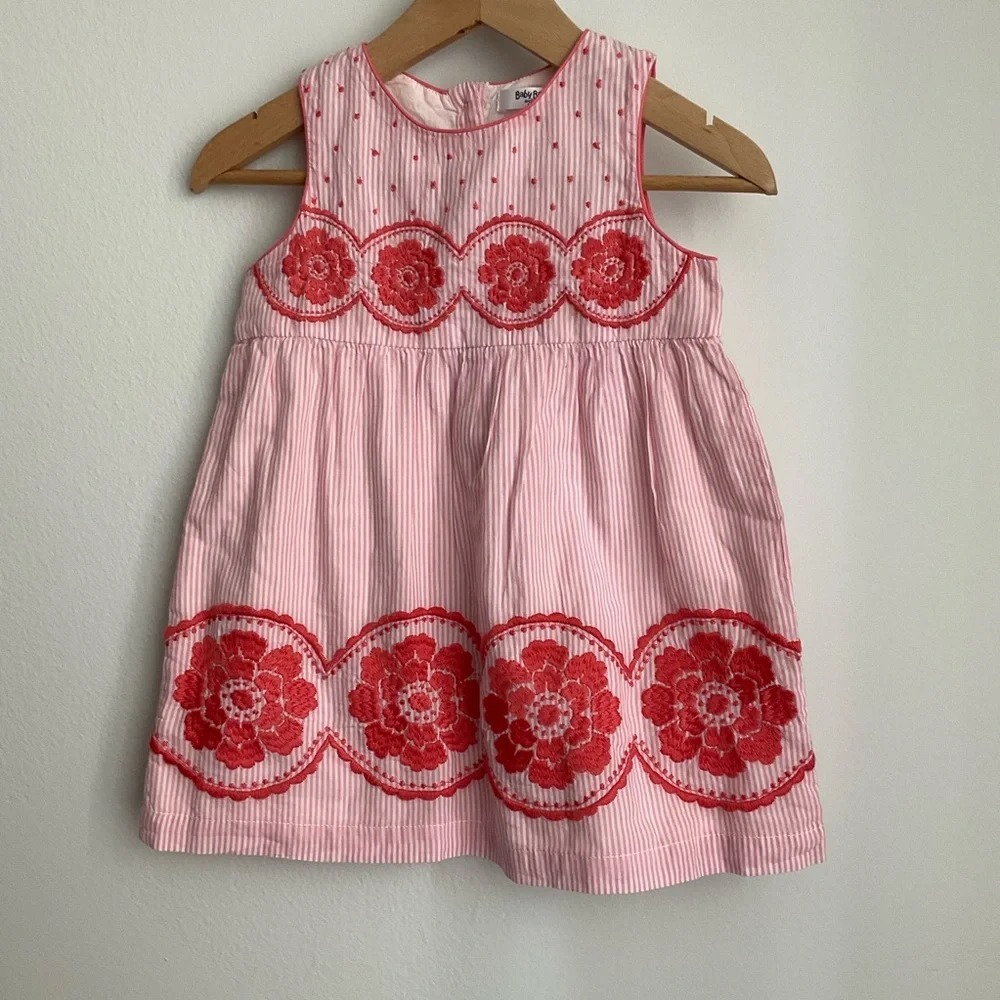 Baby Boden Striped Pink Dress 6-12 Months with Red Floral Embroidery - Picture 3 of 12